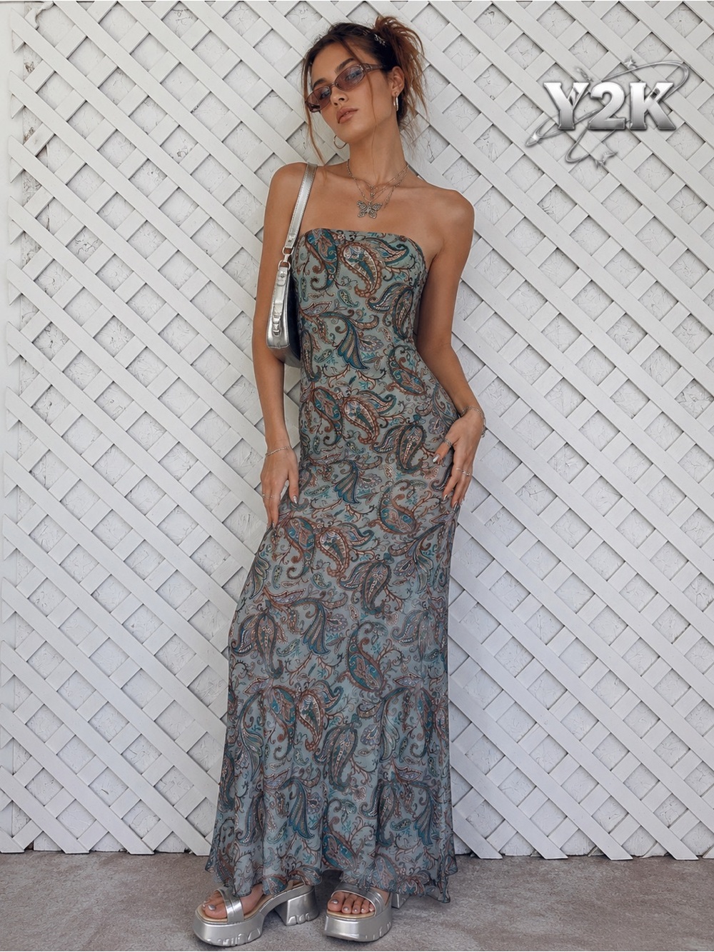 See You Monday Strapless Paisley Maxi Dress Y2K Boho Tube M